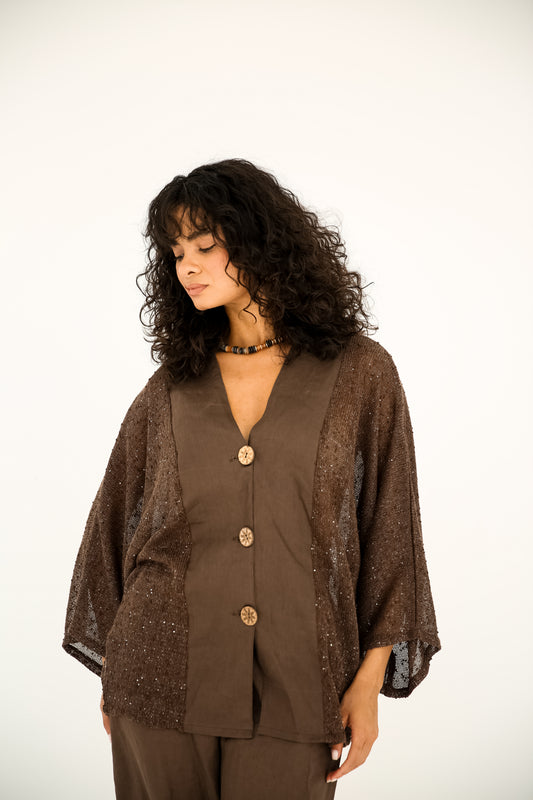 Pure linen trousers with a mesh and linen blouse in Brown