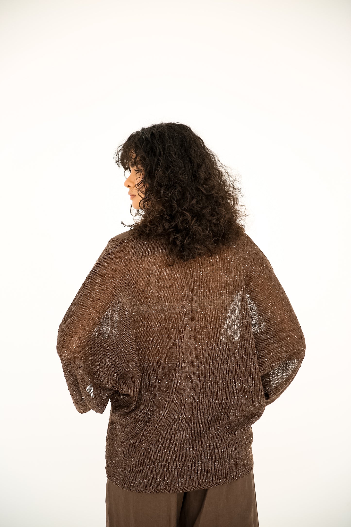 Pure linen trousers with a mesh and linen blouse in Brown
