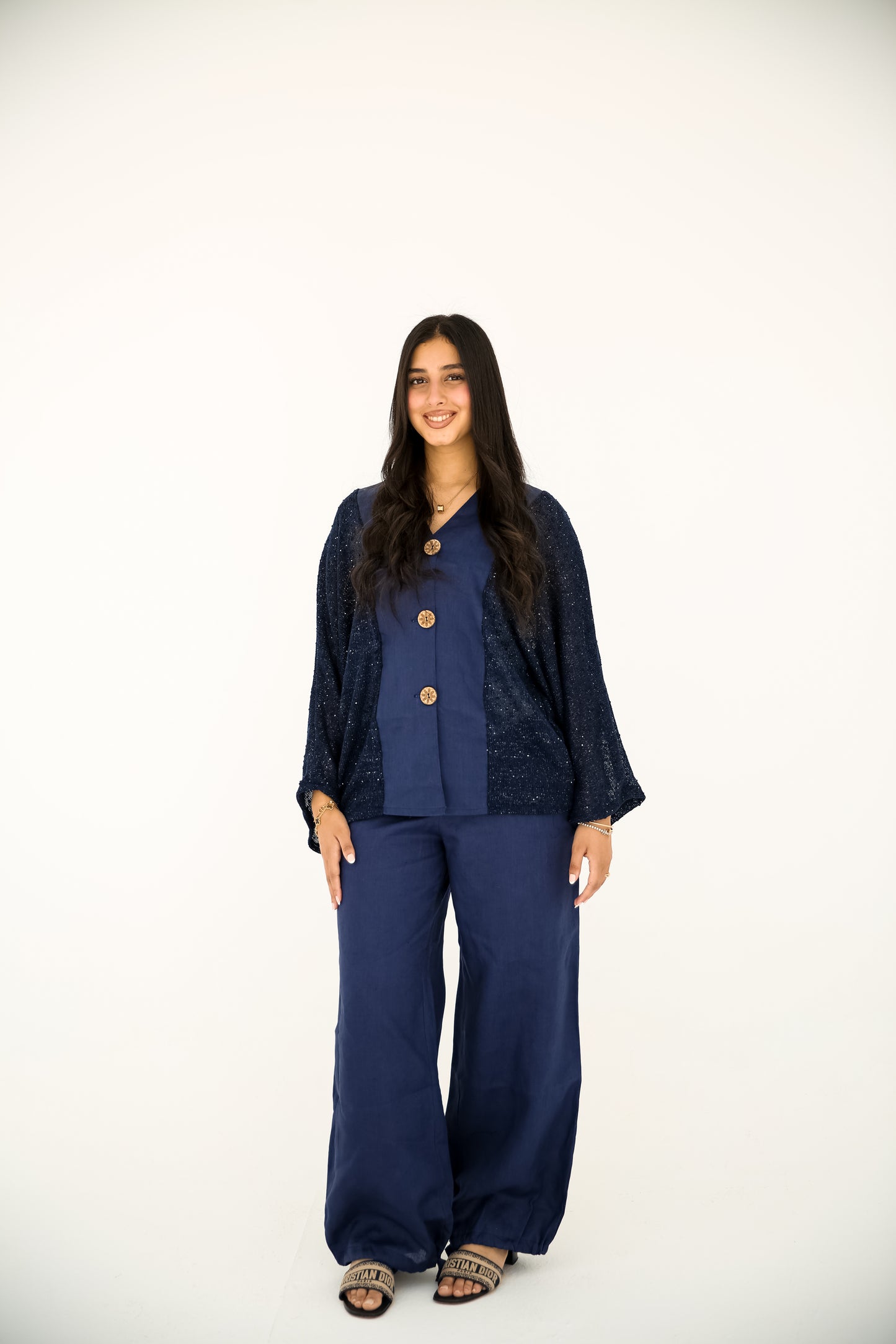 Pure linen trousers with a mesh and linen blouse in Navy