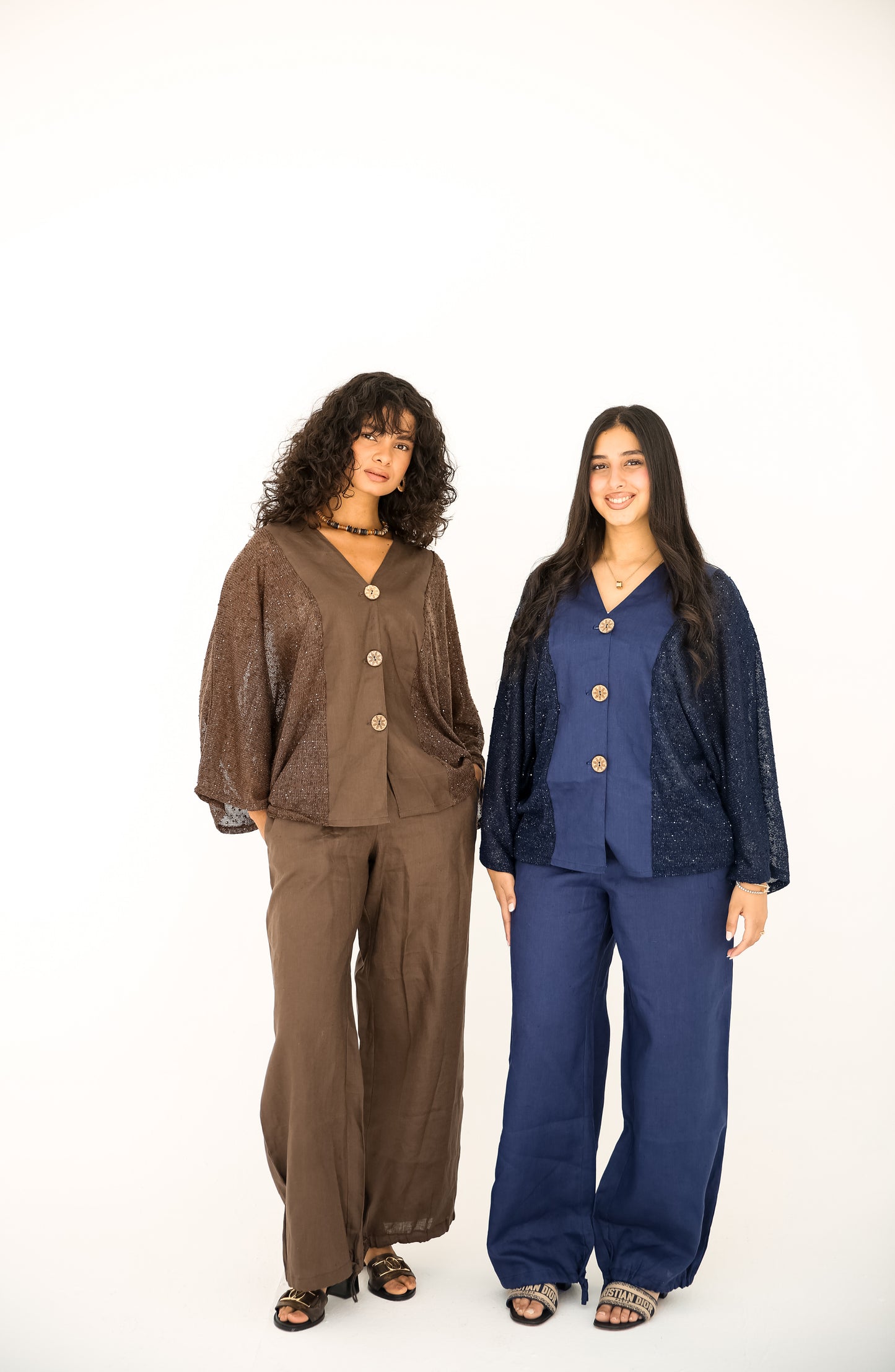 Pure linen trousers with a mesh and linen blouse in Brown