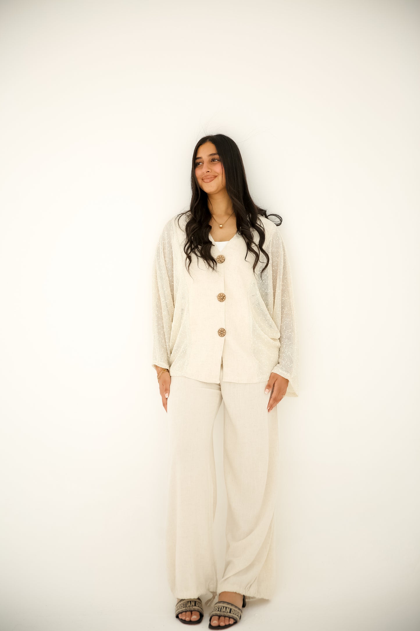 Pure linen trousers with a mesh and linen blouse in Beige