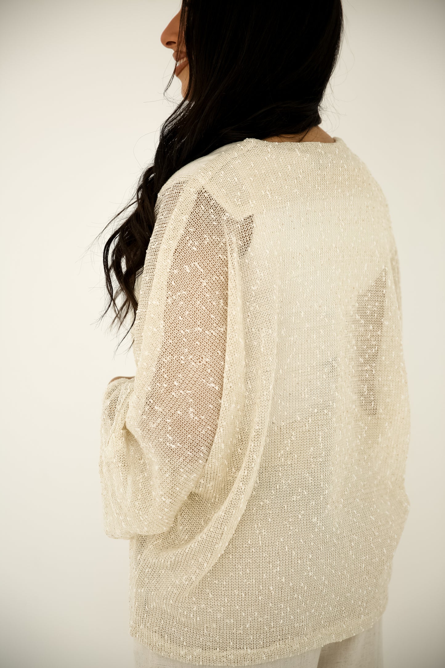Pure linen trousers with a mesh and linen blouse in Beige