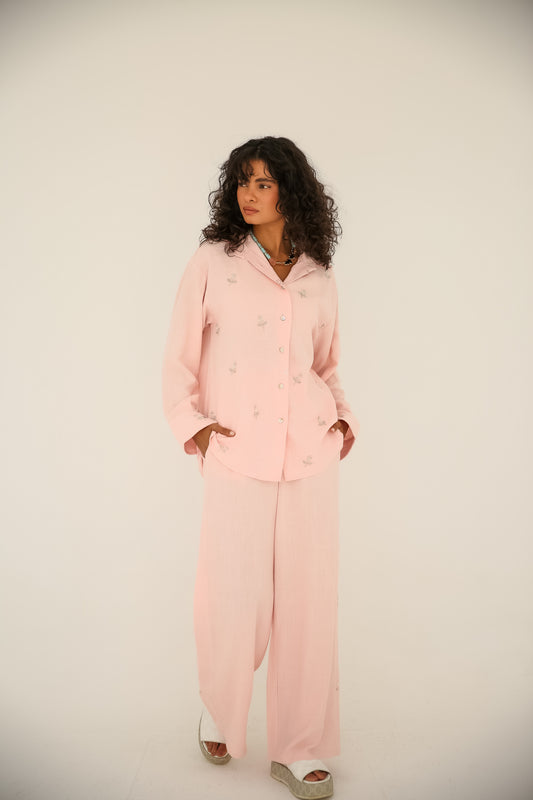 Soft washed linen set With handmade embroidery in Pink
