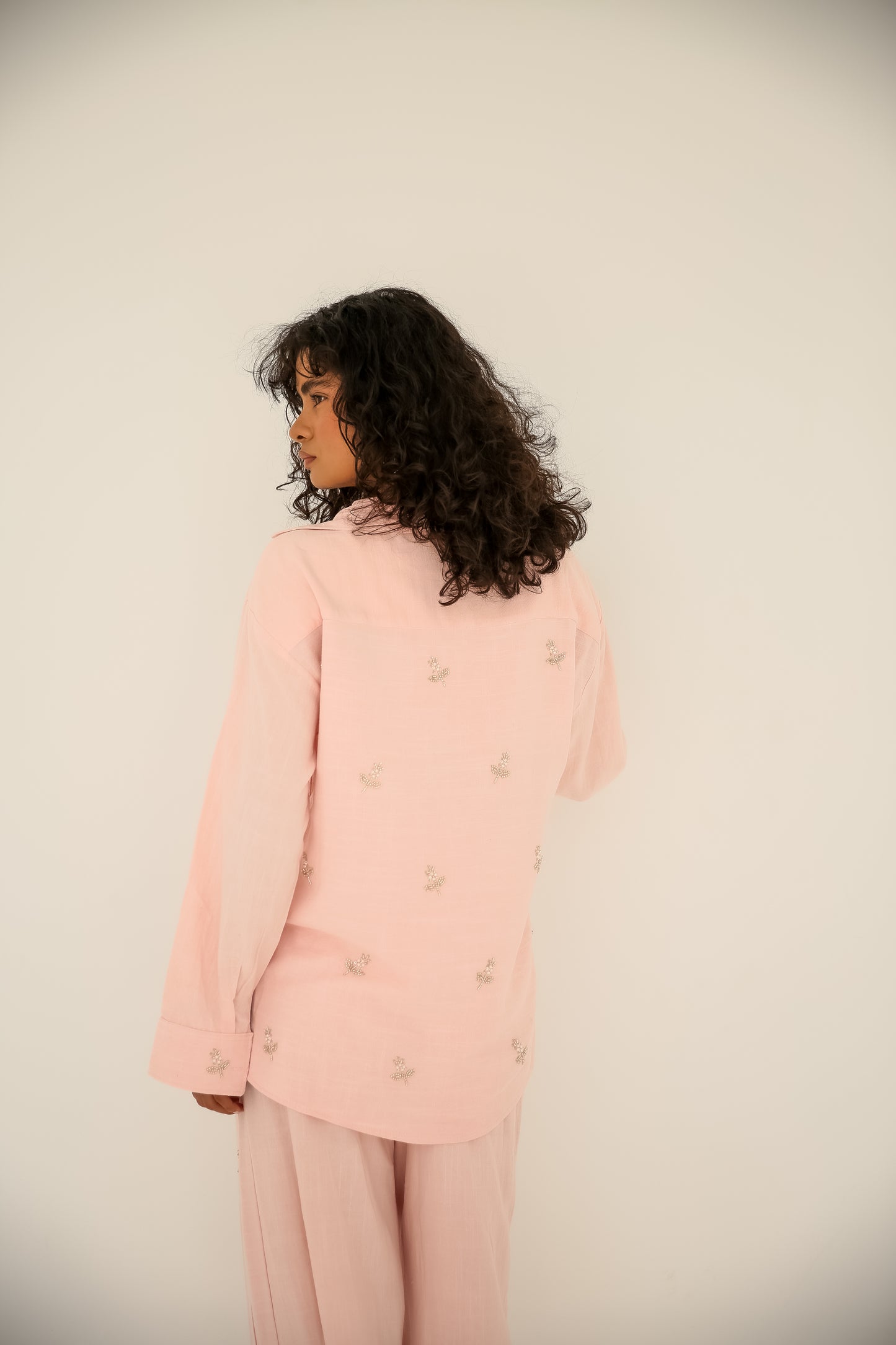 Soft washed linen set With handmade embroidery in Pink