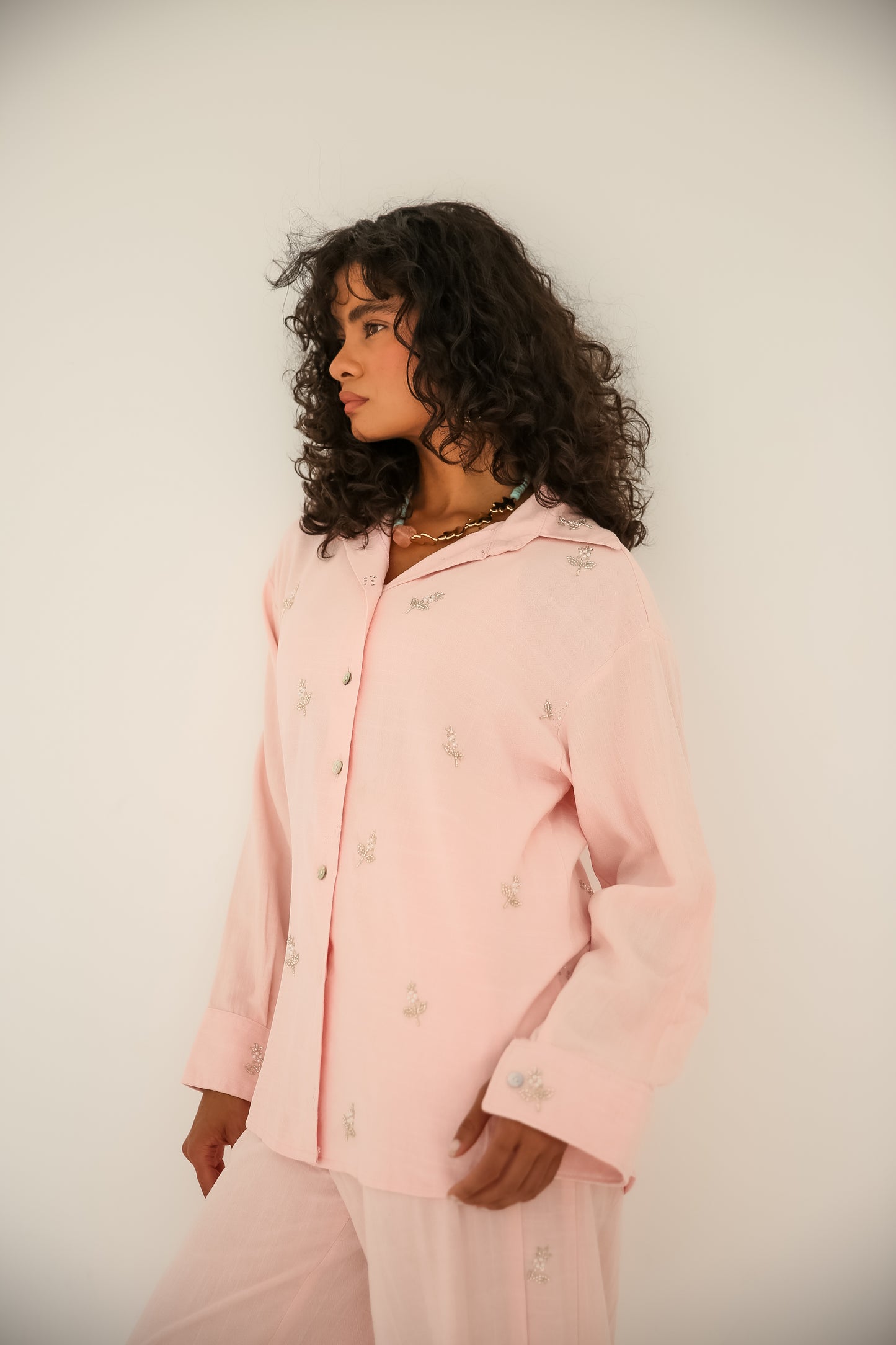 Soft washed linen set With handmade embroidery in Pink