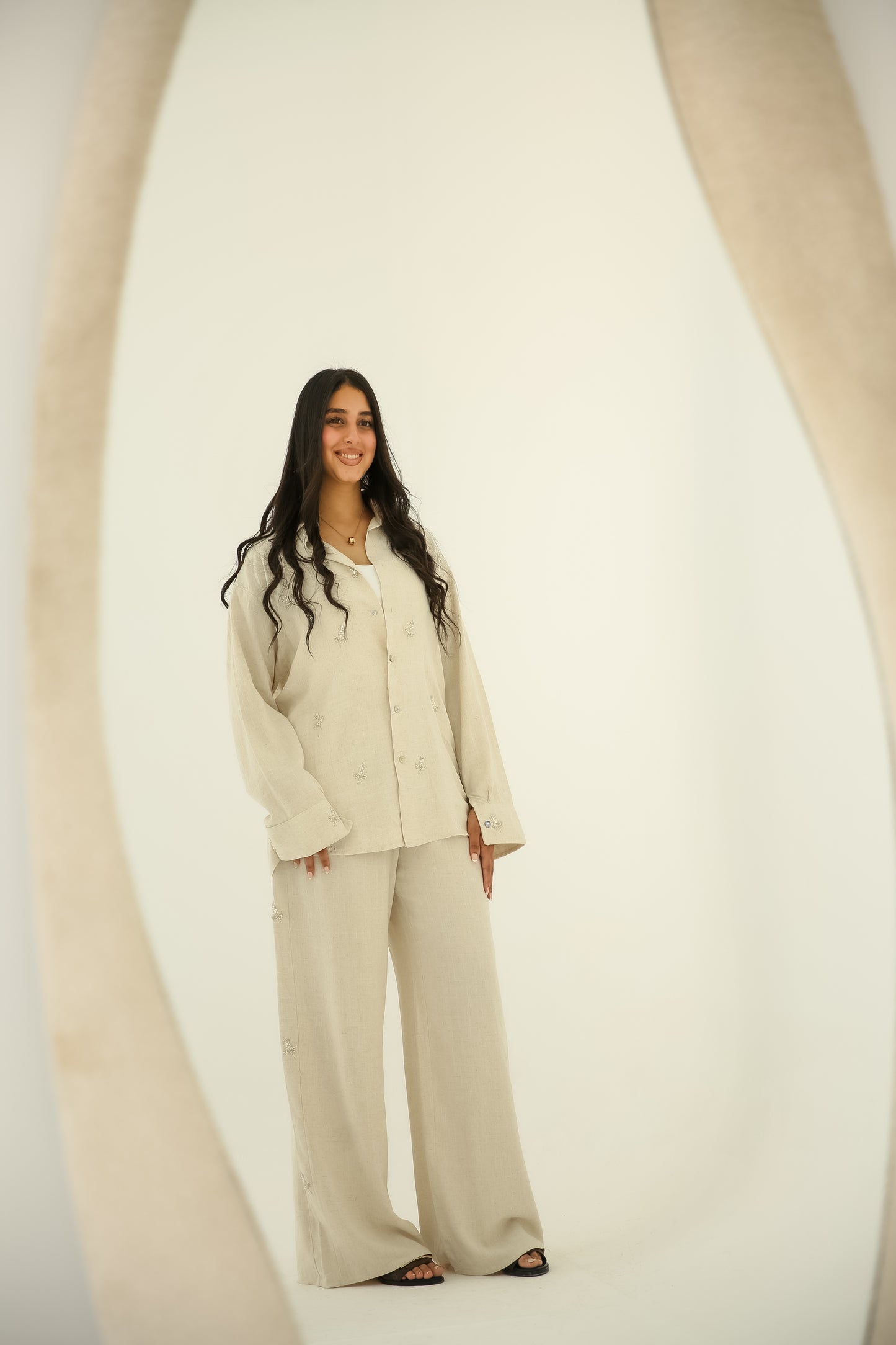 Soft washed linen set With handmade embroidery in Beige