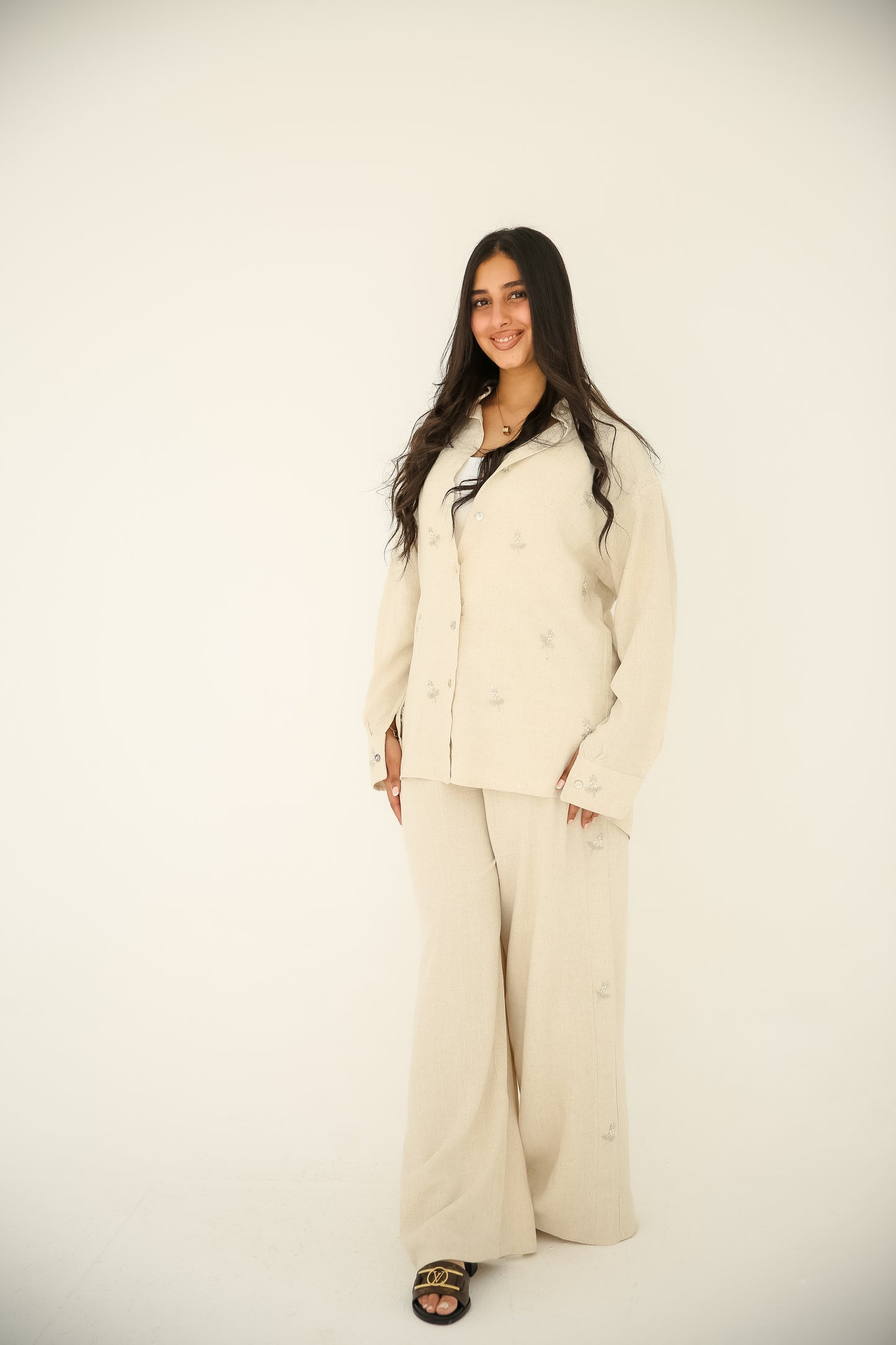 Soft washed linen set With handmade embroidery in Beige