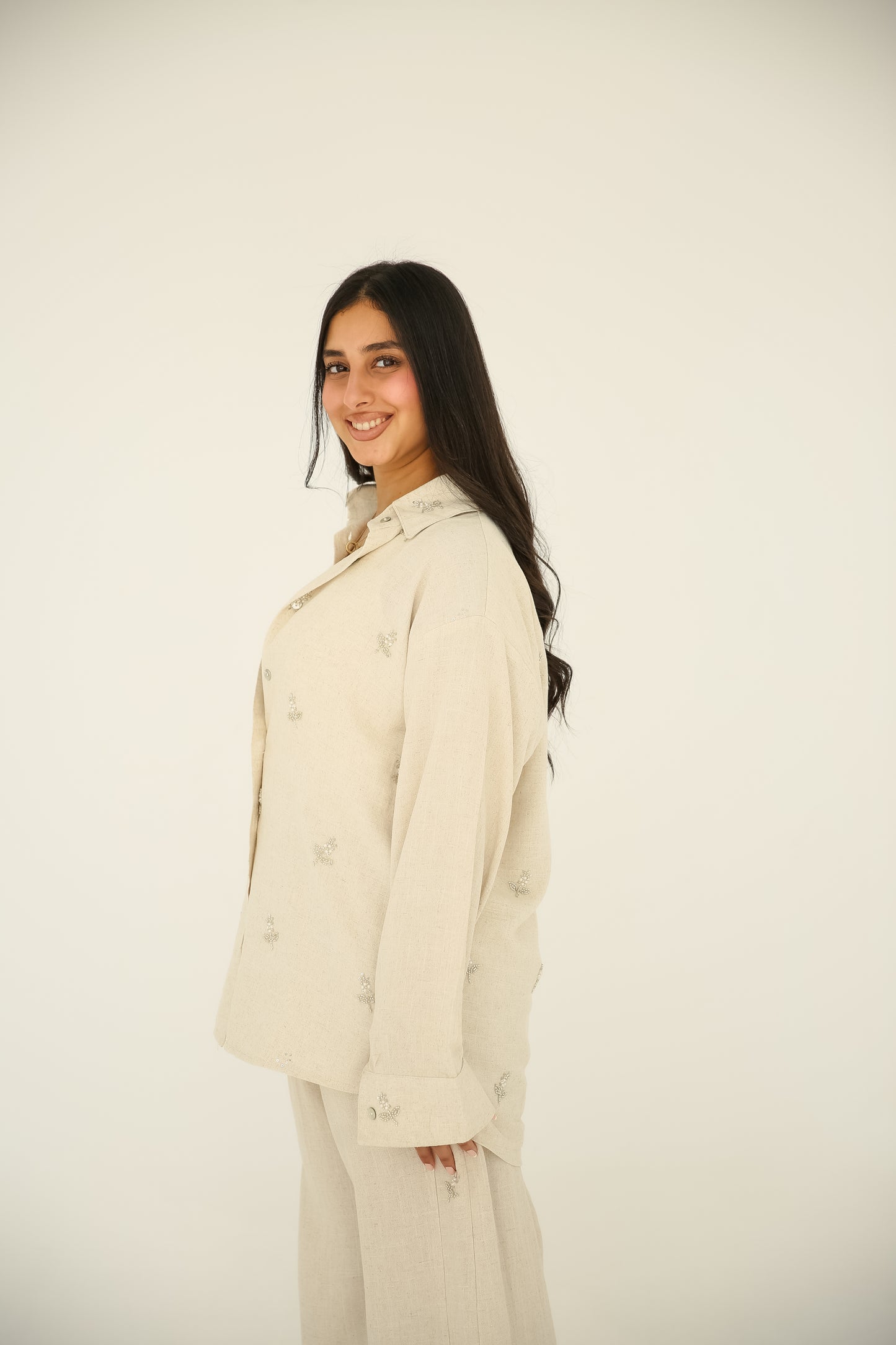 Soft washed linen set With handmade embroidery in Beige