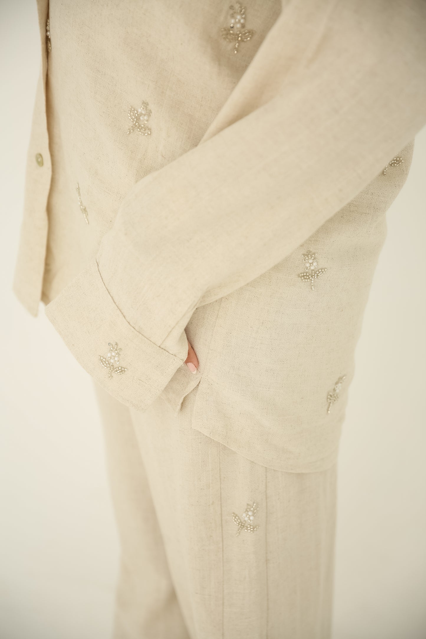 Soft washed linen set With handmade embroidery in Beige