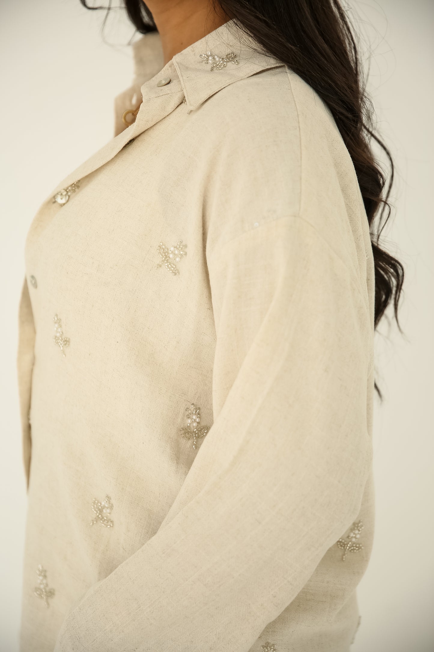 Soft washed linen set With handmade embroidery in Beige