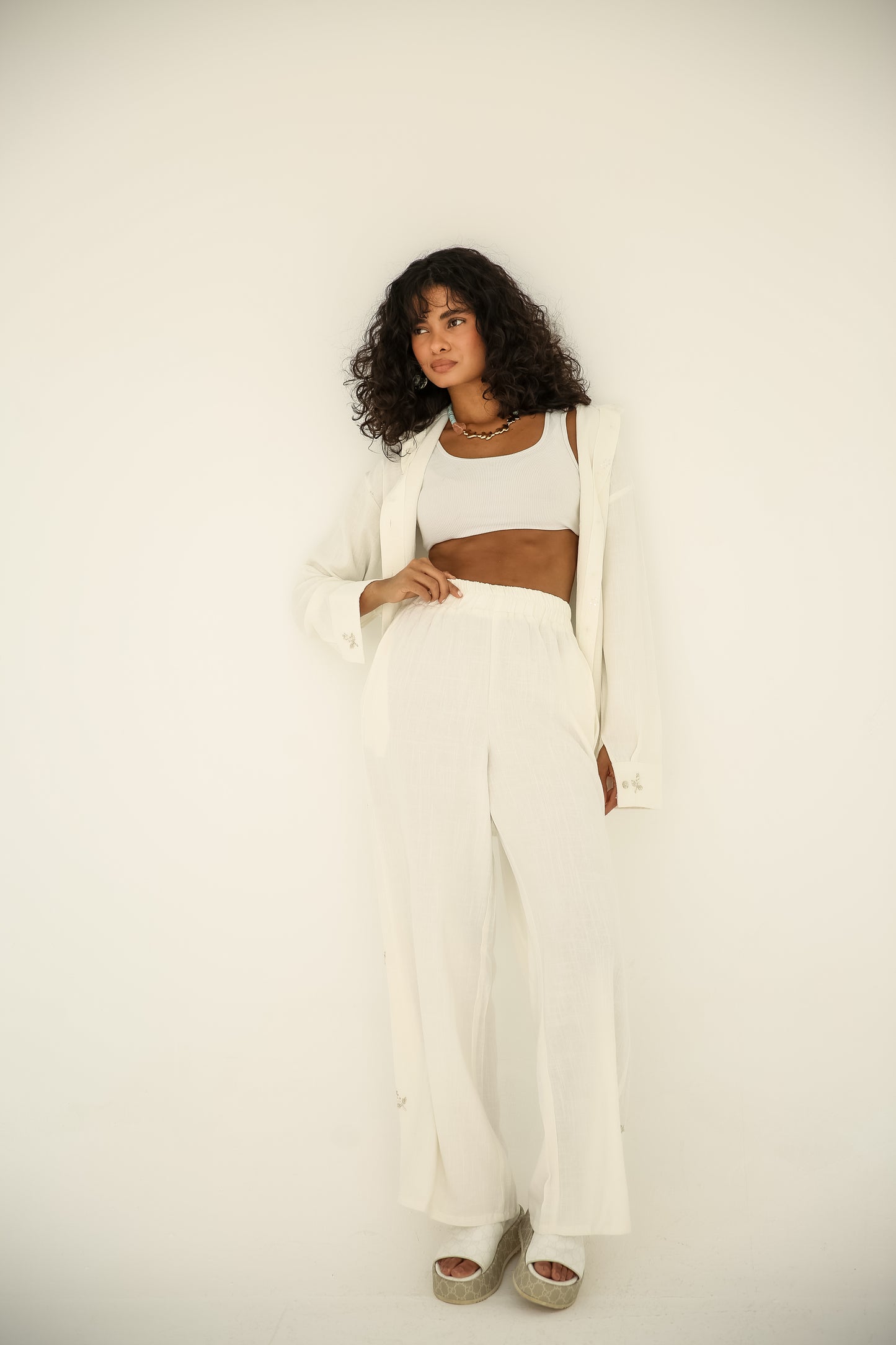 Soft washed linen set With handmade embroidery in White