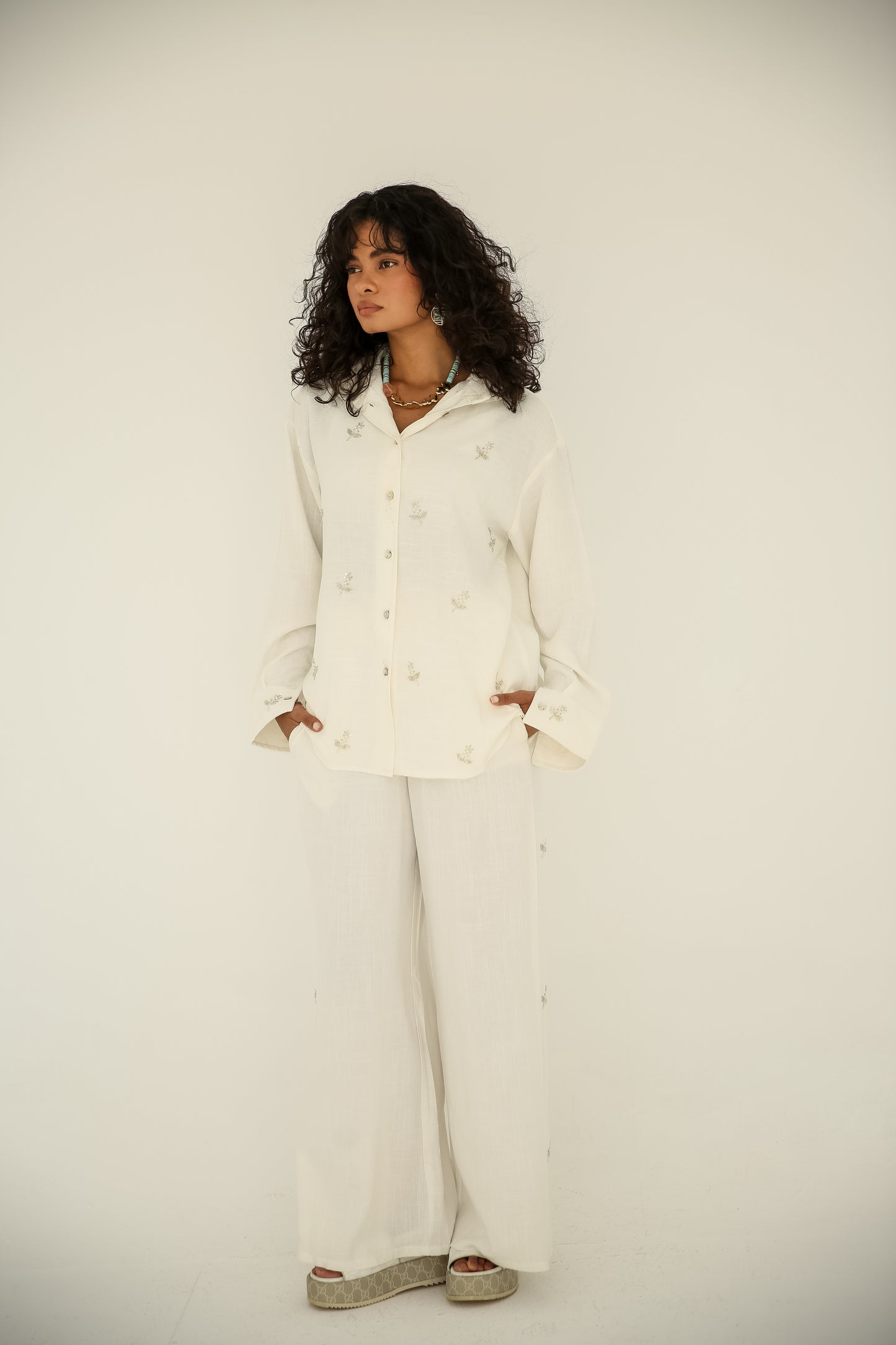 Soft washed linen set With handmade embroidery in White