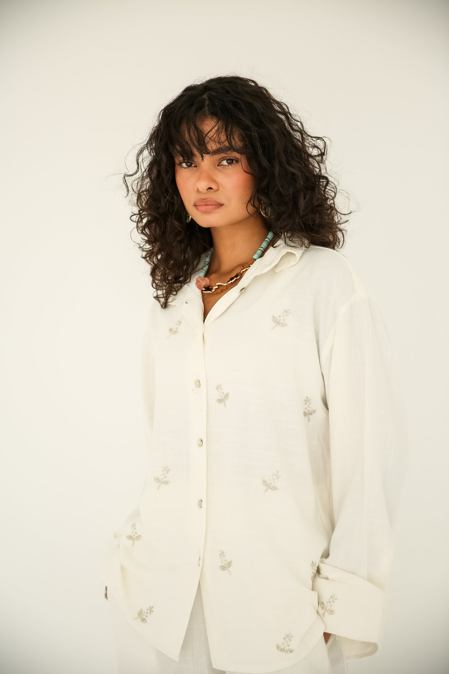 Soft washed linen set With handmade embroidery in White