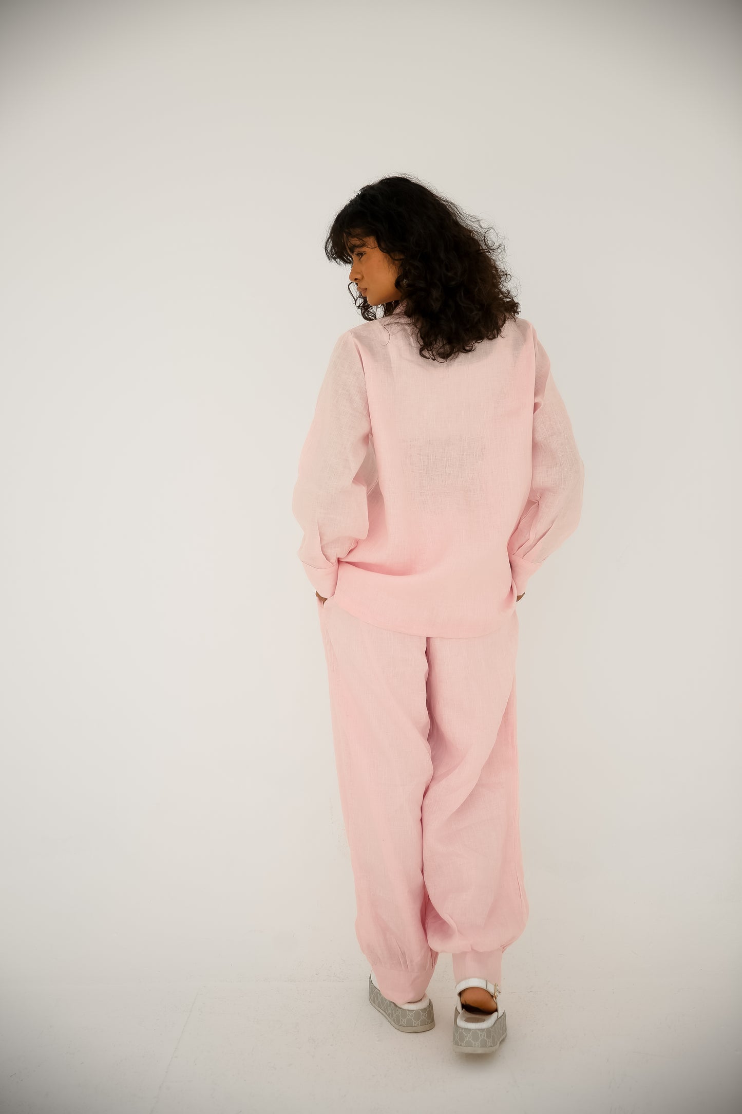 Soft washed linen set With handmade embroidery in Pink