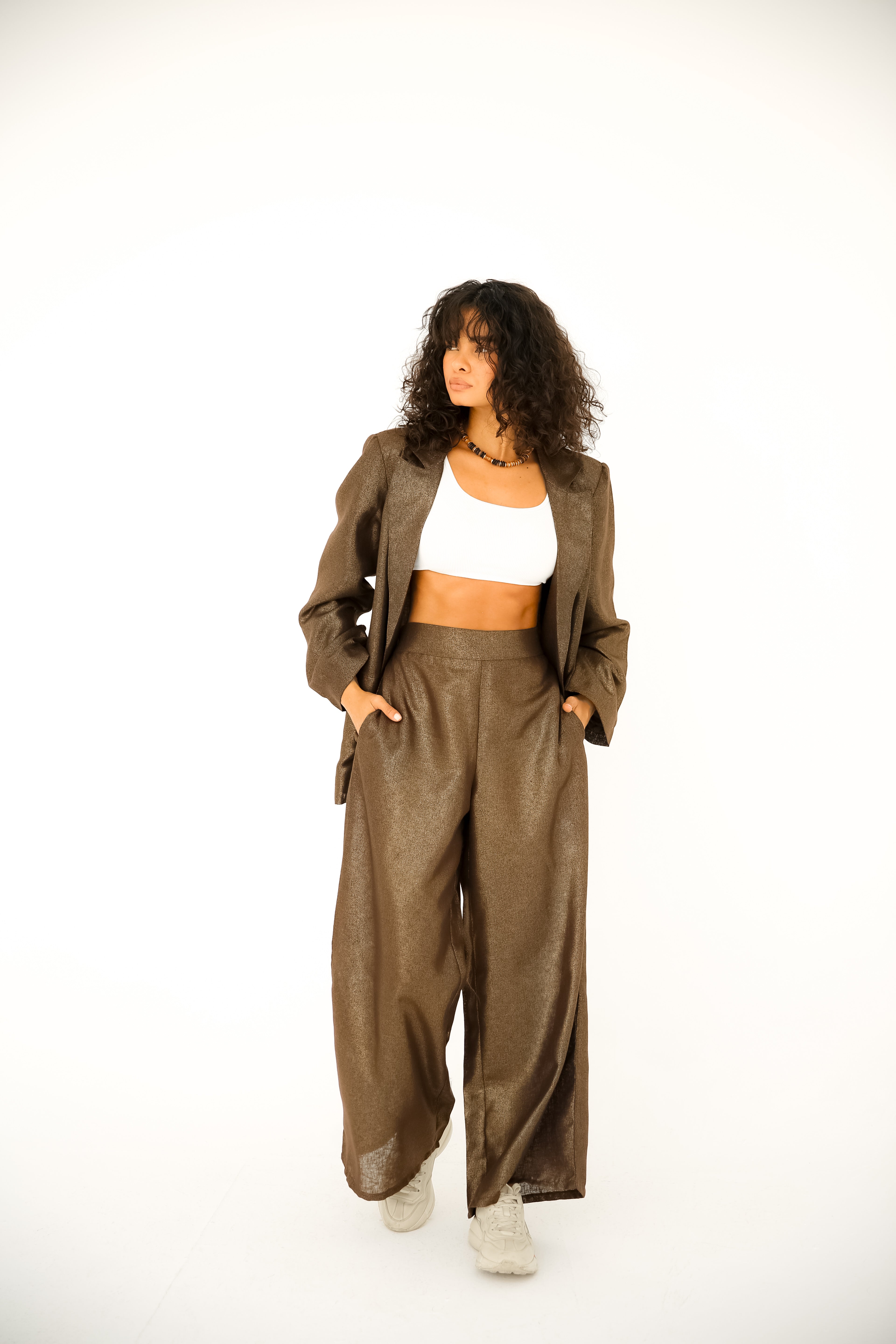 Brown shiny linen suit