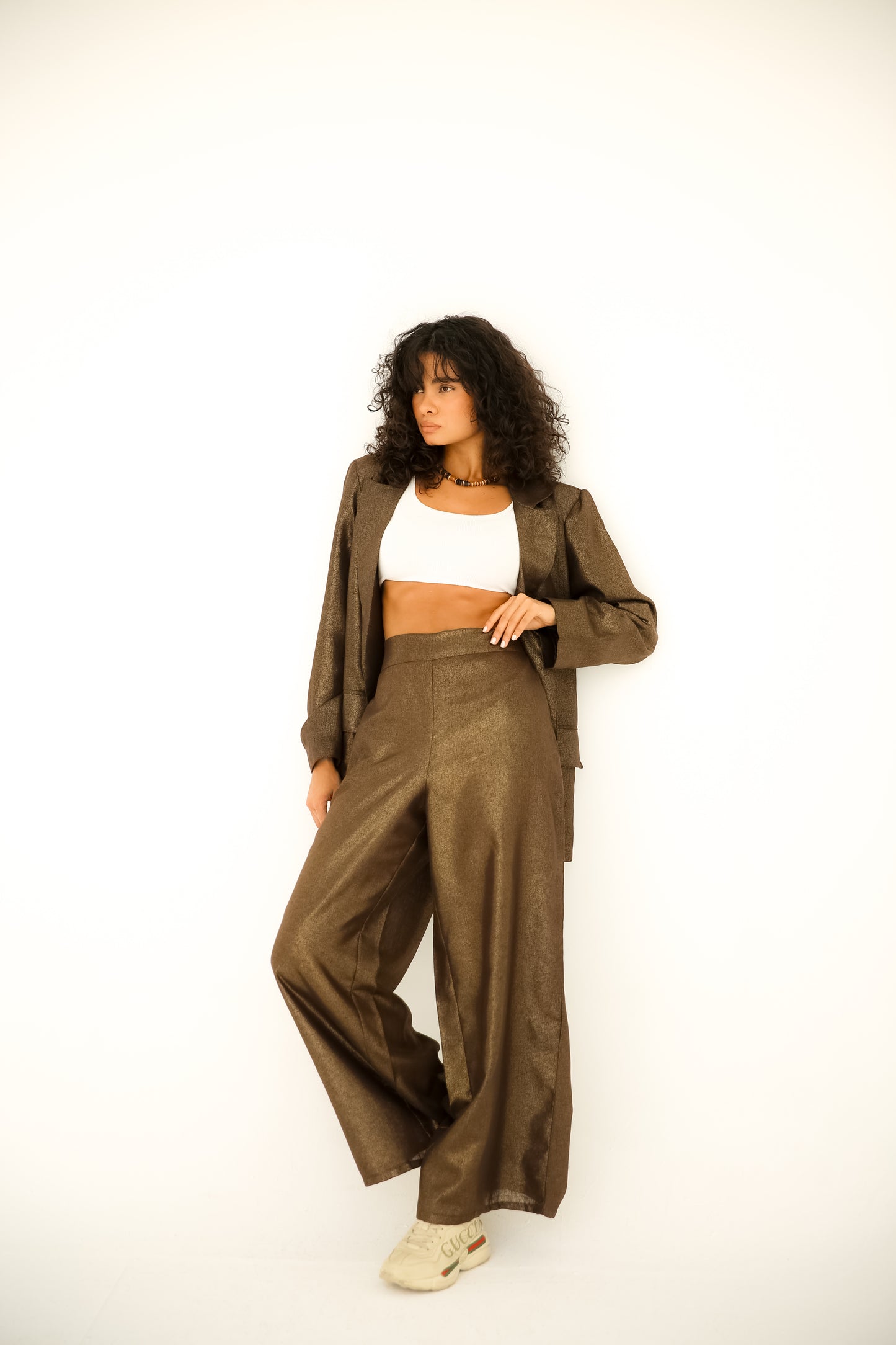 Brown shiny linen suit