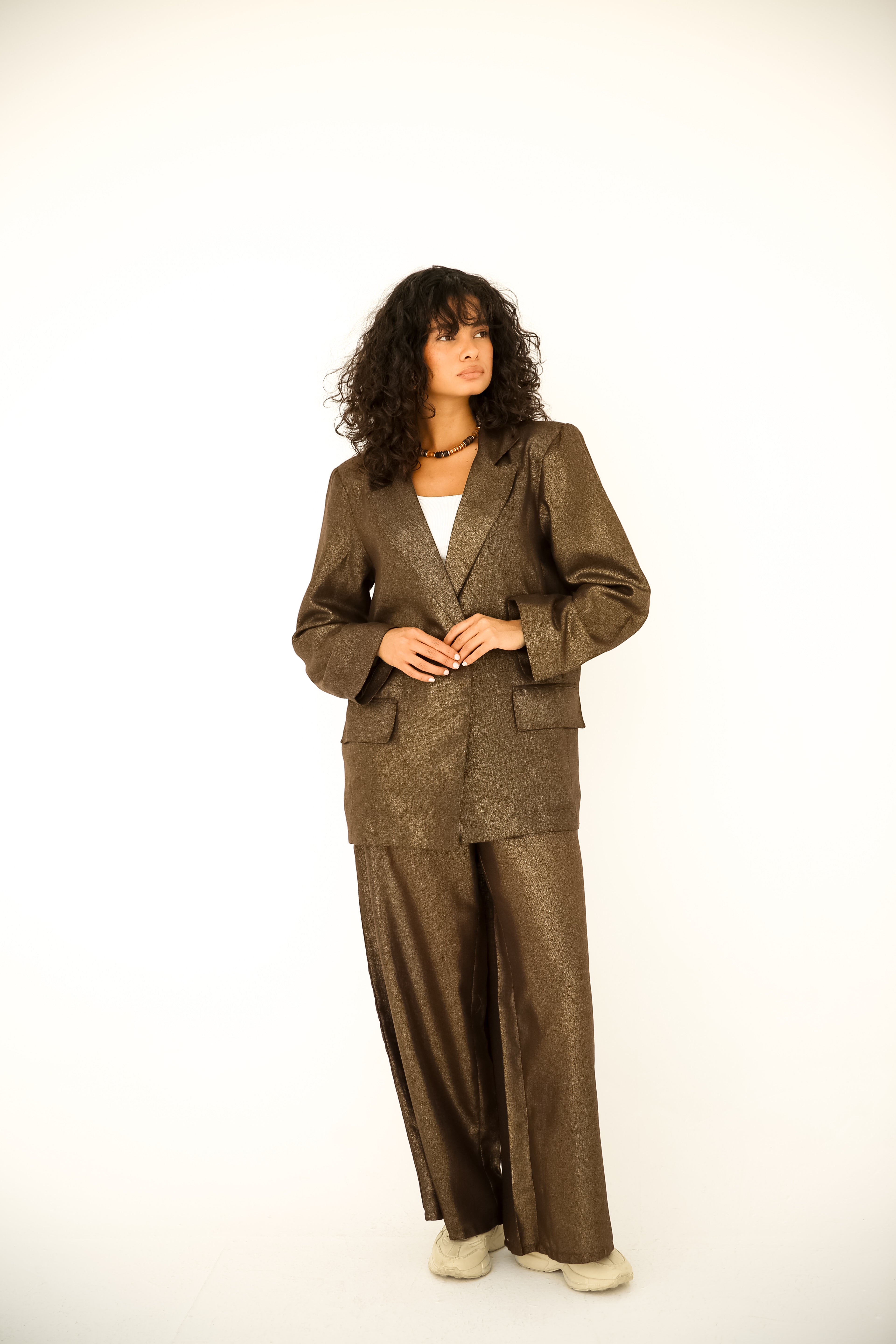 Brown shiny linen suit