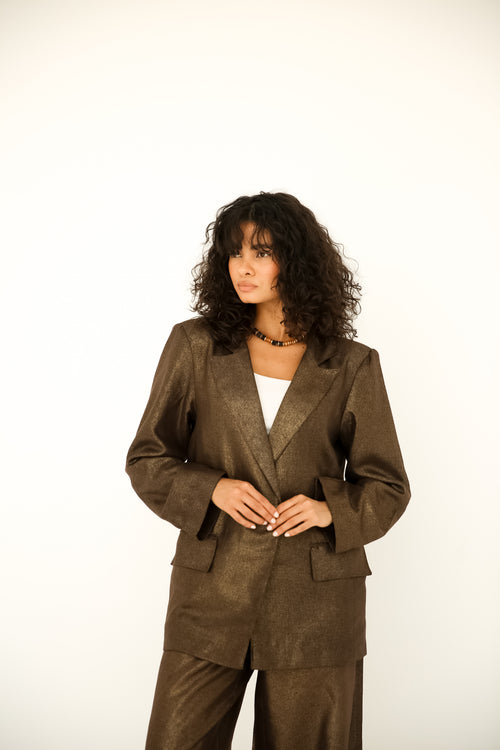 Brown shiny linen suit