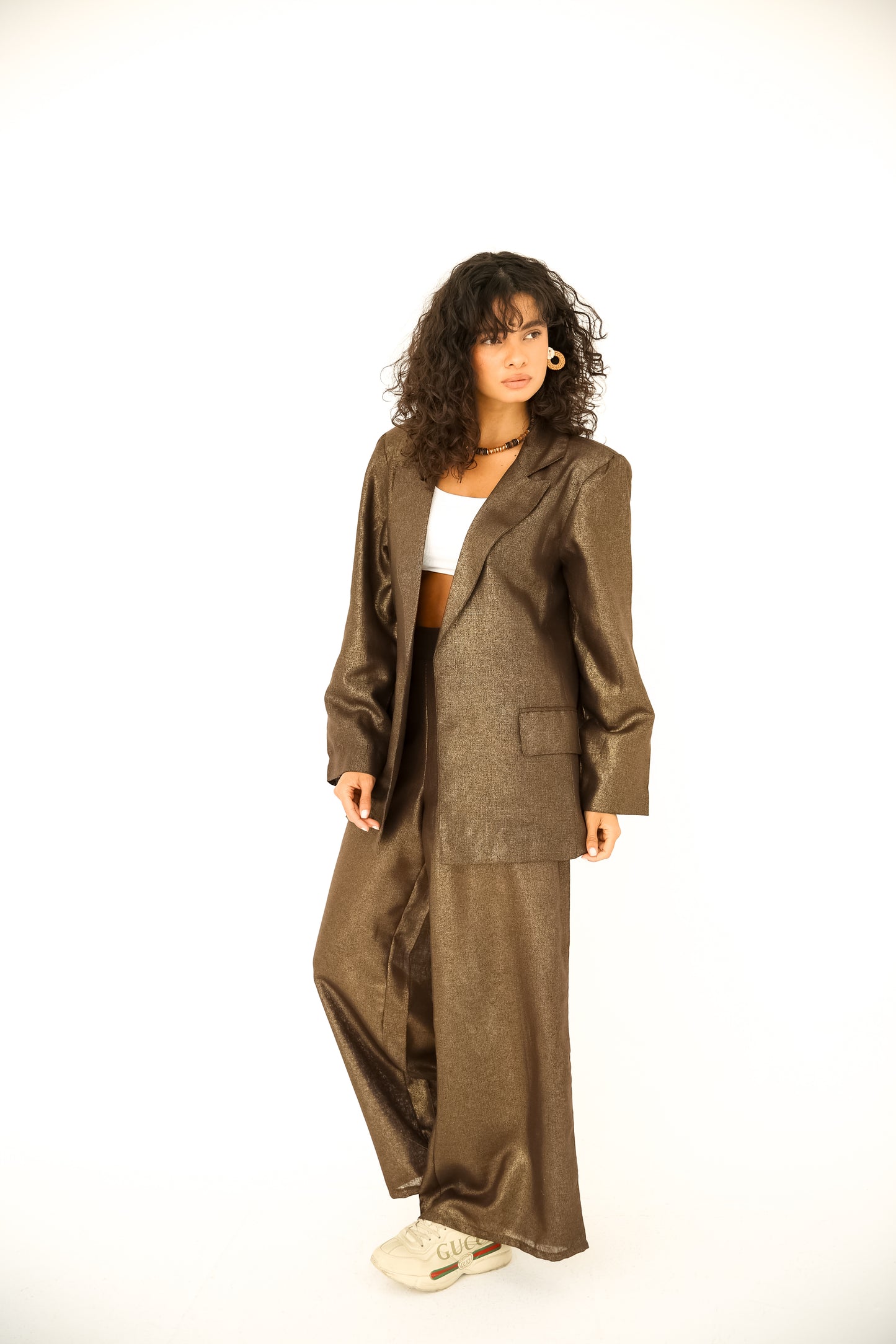 Brown shiny linen suit