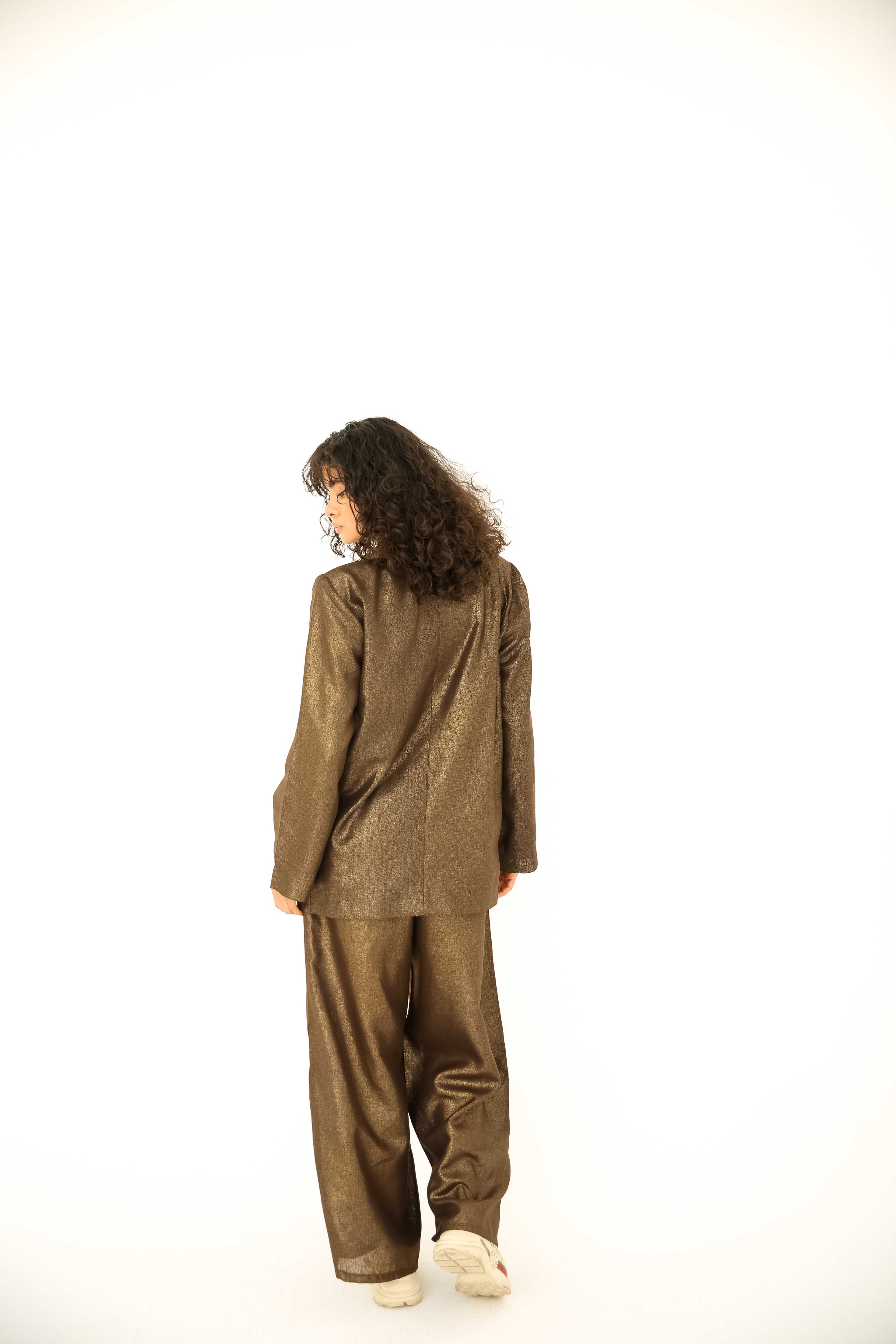 Brown shiny linen suit