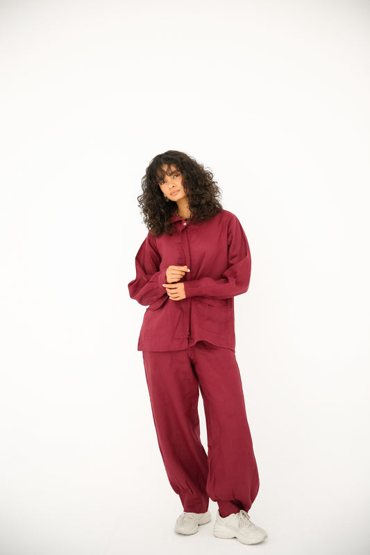 Pure linen set in burgundy