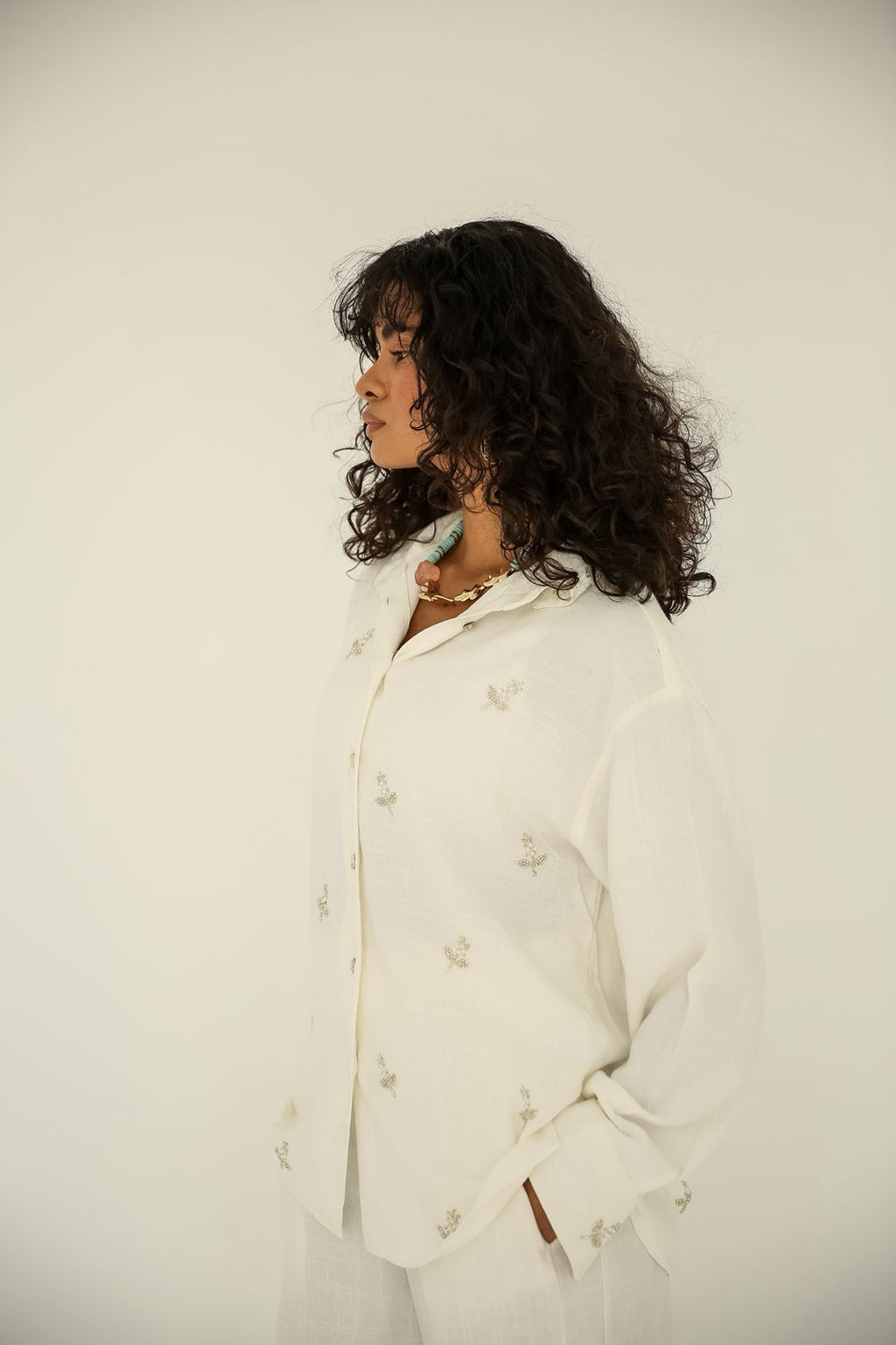 Soft washed linen set With handmade embroidery in White