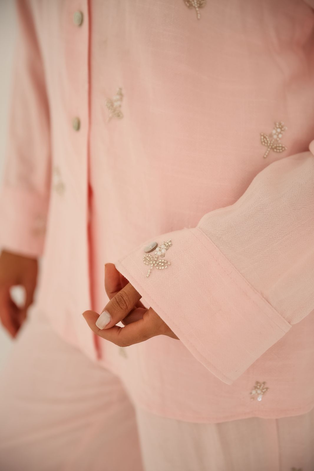 Soft washed linen set With handmade embroidery in Pink