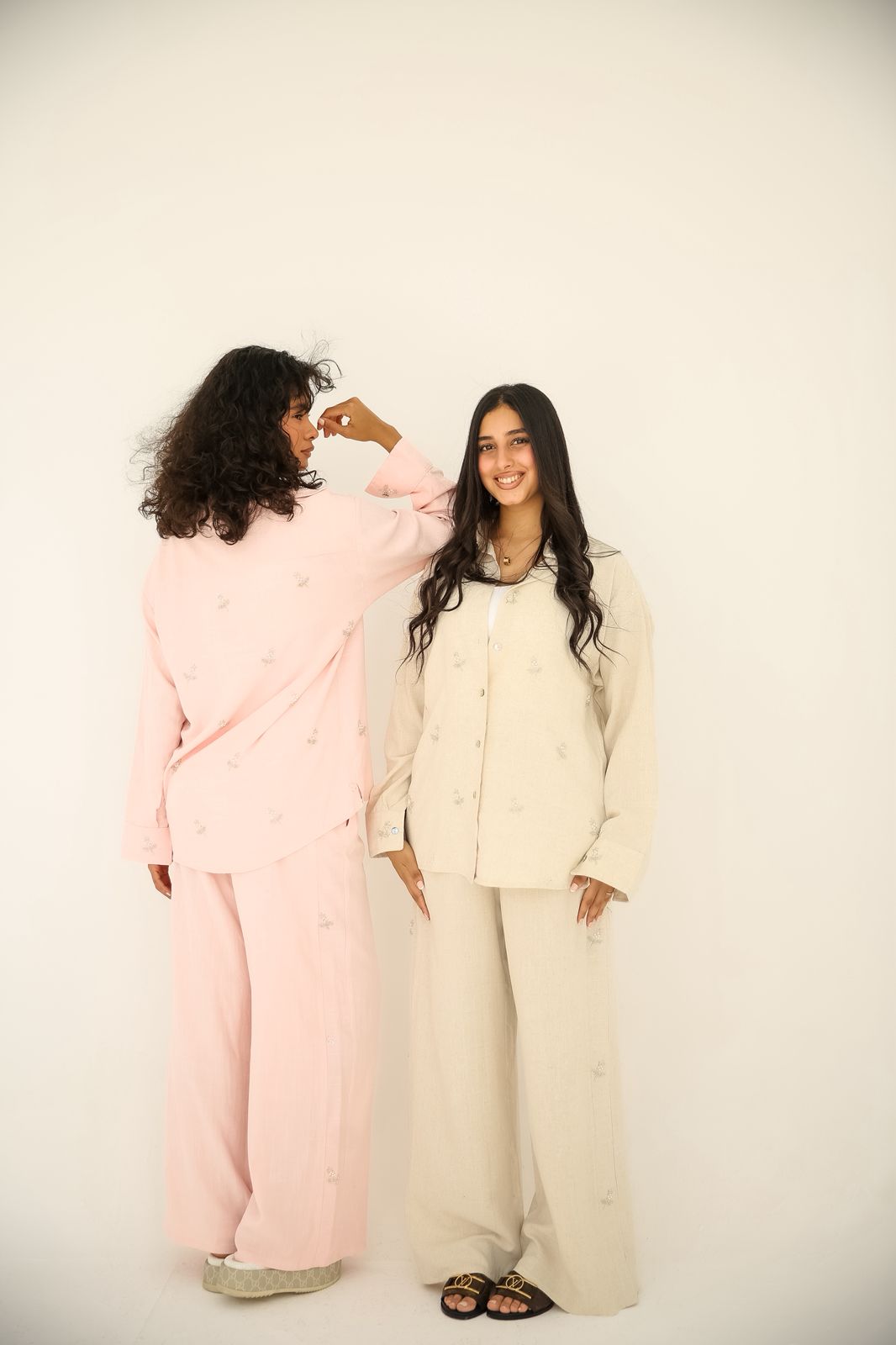 Soft washed linen set With handmade embroidery in Beige